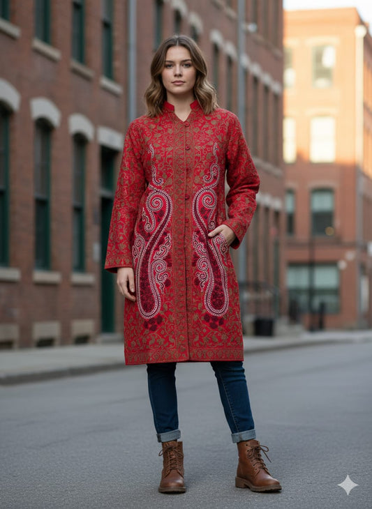 Artisan-Crafted Kashmiri Aari Embroidered Jacket - Floral Statement Coat