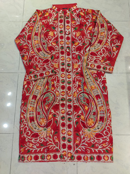 Artisan-Crafted Kashmiri Aari Embroidered Jacket - Red and multi color Statement Coat