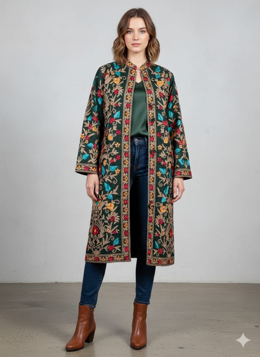 Artisan-Crafted Kashmiri Aari Embroidered Jacket - green Floral Statement Coat