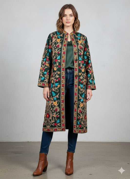 Artisan-Crafted Kashmiri Aari Embroidered Jacket - green Floral Statement Coat