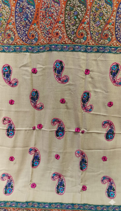 Embroidered Pashmina Shawl with Paisley & Ornate Border