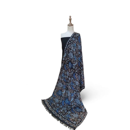 Luxury Karandi Embroidered Shawl – Black with Blue & Beige Aari Work