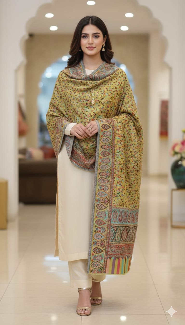 Luxury Pashmina Kani Shawl Multicolor Floral Weave with Intricate Borders