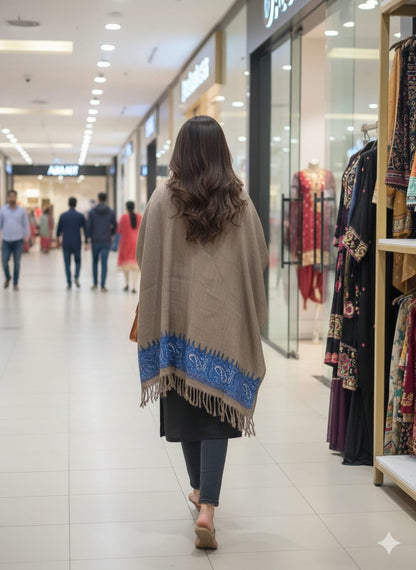 Pashmina Style Cape Shawl – Taupe & Cobalt Blue print