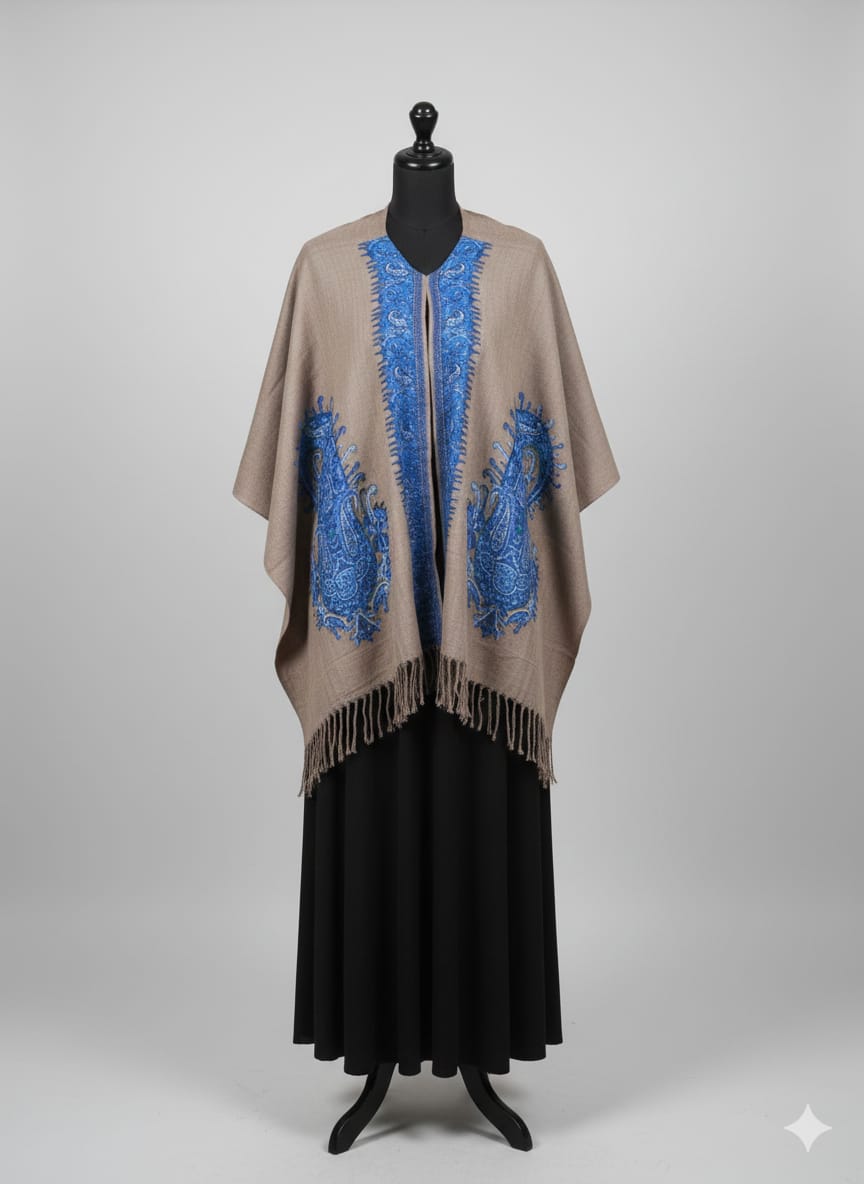 Pashmina Style Cape Shawl – Taupe & Cobalt Blue print