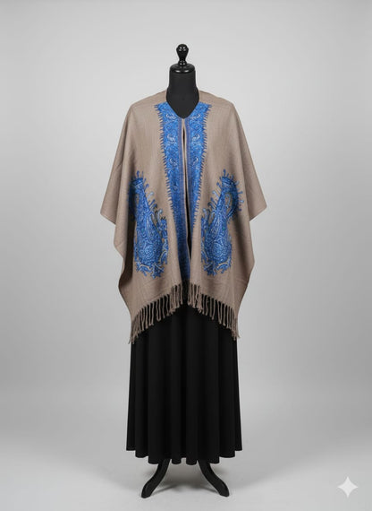 Pashmina Style Cape Shawl – Taupe & Cobalt Blue print