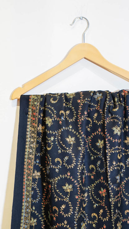 Black Pure Pashmina Shawl with Intricate Sozni Needle Work