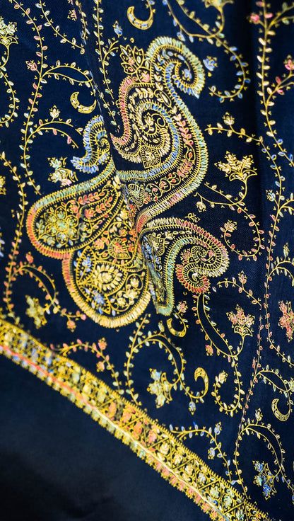 Black Pure Pashmina Shawl with Intricate Sozni Needle Work