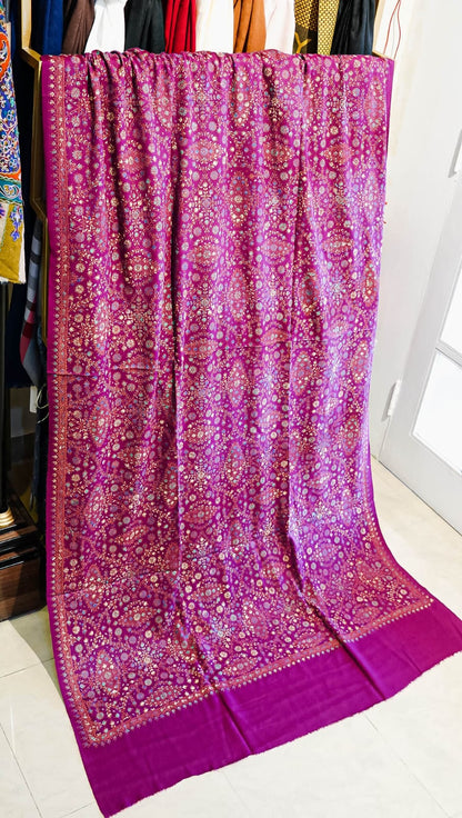 Handcrafted Magenta Pure Pashmina Shawl with Intricate Sui Embroidery