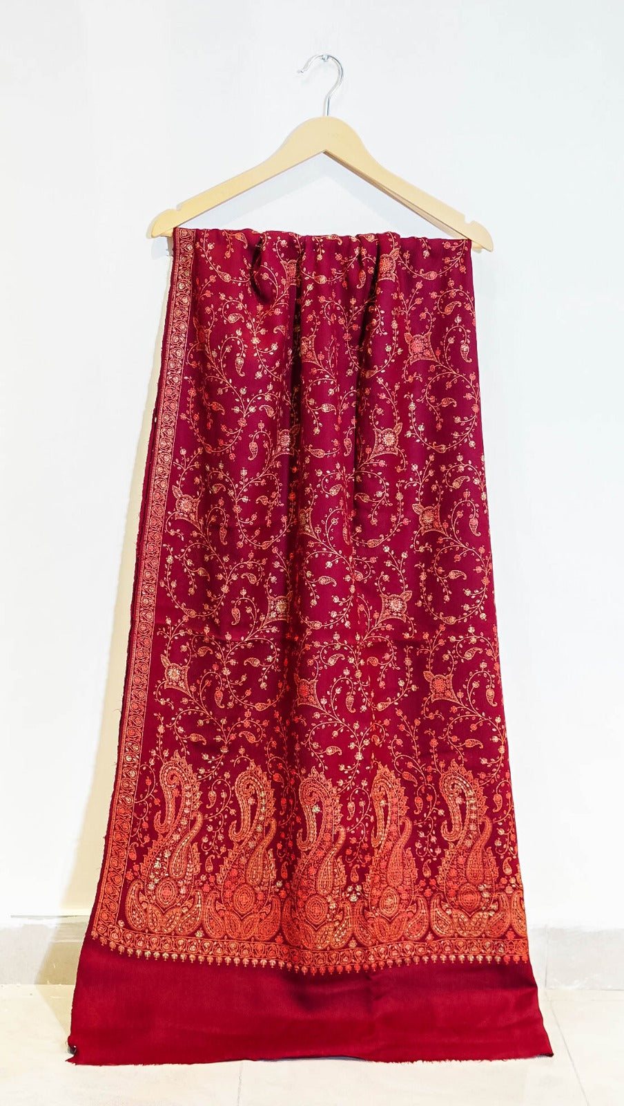 Regal Maroon Sozni Embroidered Pure Pashmina Shawl