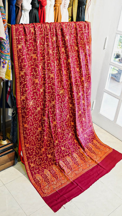 Regal Maroon Sozni Embroidered Pure Pashmina Shawl