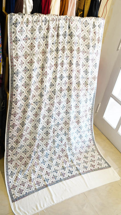Hand-Embroidered Block Print Pashmina Shawl Traditional Sozni Sui Work Heritage Wrap