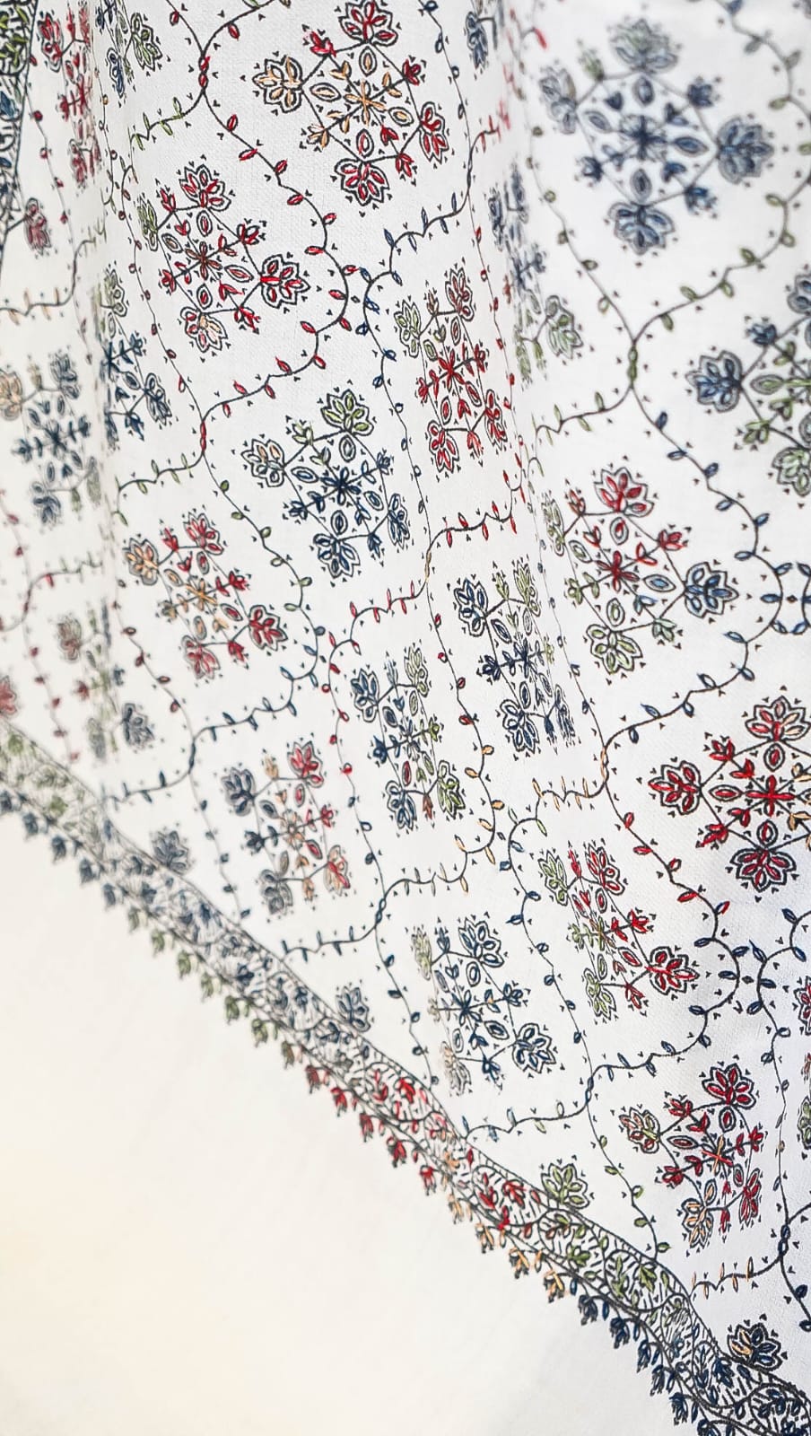 Hand-Embroidered Block Print Pashmina Shawl Traditional Sozni Sui Work Heritage Wrap