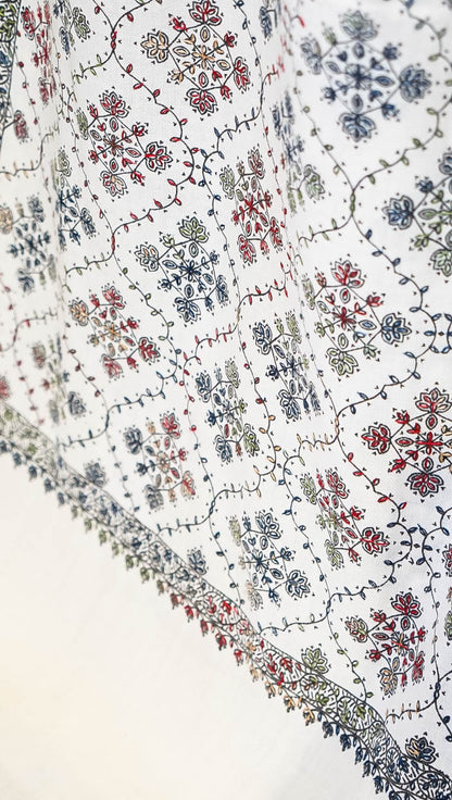 Hand-Embroidered Block Print Pashmina Shawl Traditional Sozni Sui Work Heritage Wrap