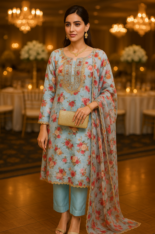 Floral hand-embroidered neckline