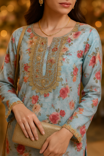 Floral hand-embroidered neckline