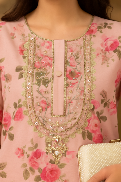 Floral hand-embroidered gota necklind