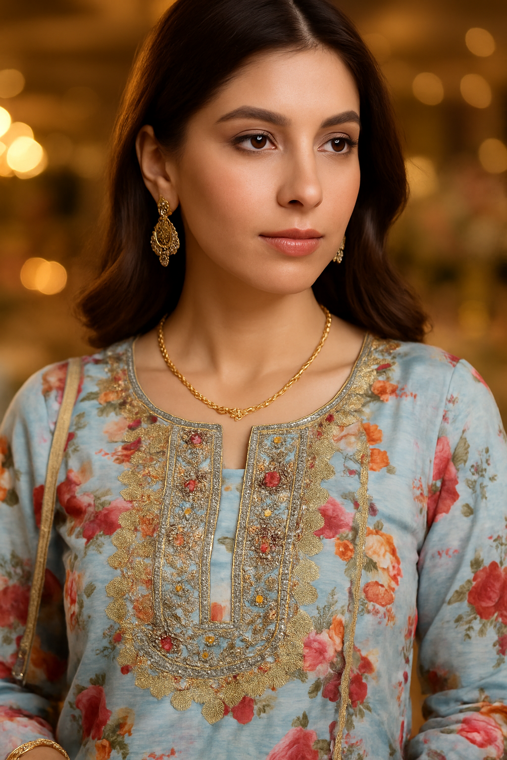 Floral hand-embroidered neckline