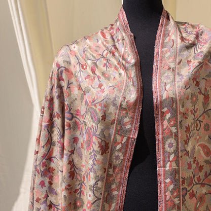 Grey Kani wool pashmina shawl with multicolor floral and paisley design–lightweight versatile wrap perfect as gift or elegant everyday wear