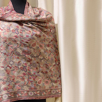 Grey Kani wool pashmina shawl with multicolor floral and paisley design–lightweight versatile wrap perfect as gift or elegant everyday wear