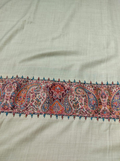 Handcrafted Pashmina Style Kani Border Shawl Elegant Grey with Intricate Paisley Embroidery