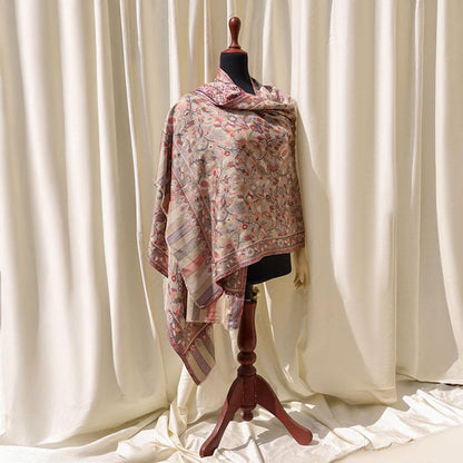 Grey Kani wool pashmina shawl with multicolor floral and paisley design–lightweight versatile wrap perfect as gift or elegant everyday wear