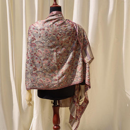 Grey Kani wool pashmina shawl with multicolor floral and paisley design–lightweight versatile wrap perfect as gift or elegant everyday wear