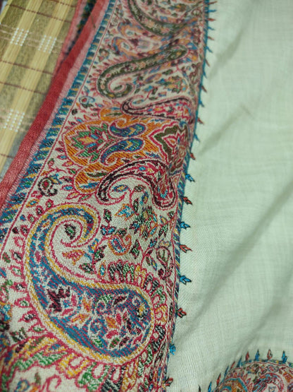 Handcrafted Pashmina Style Kani Border Shawl Elegant Grey with Intricate Paisley Embroidery