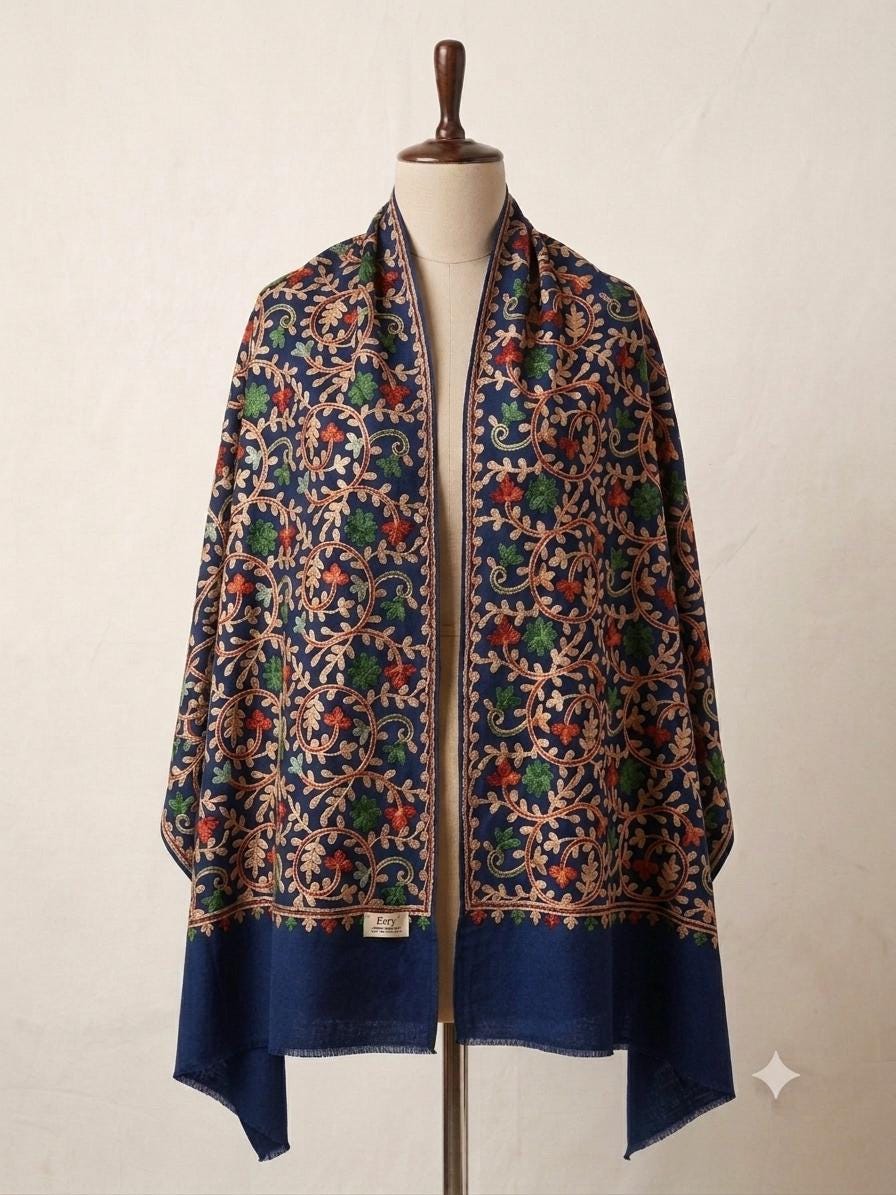 Embroidered Pashmina Shawl, Floral Vine Winter Wrap, gift for her