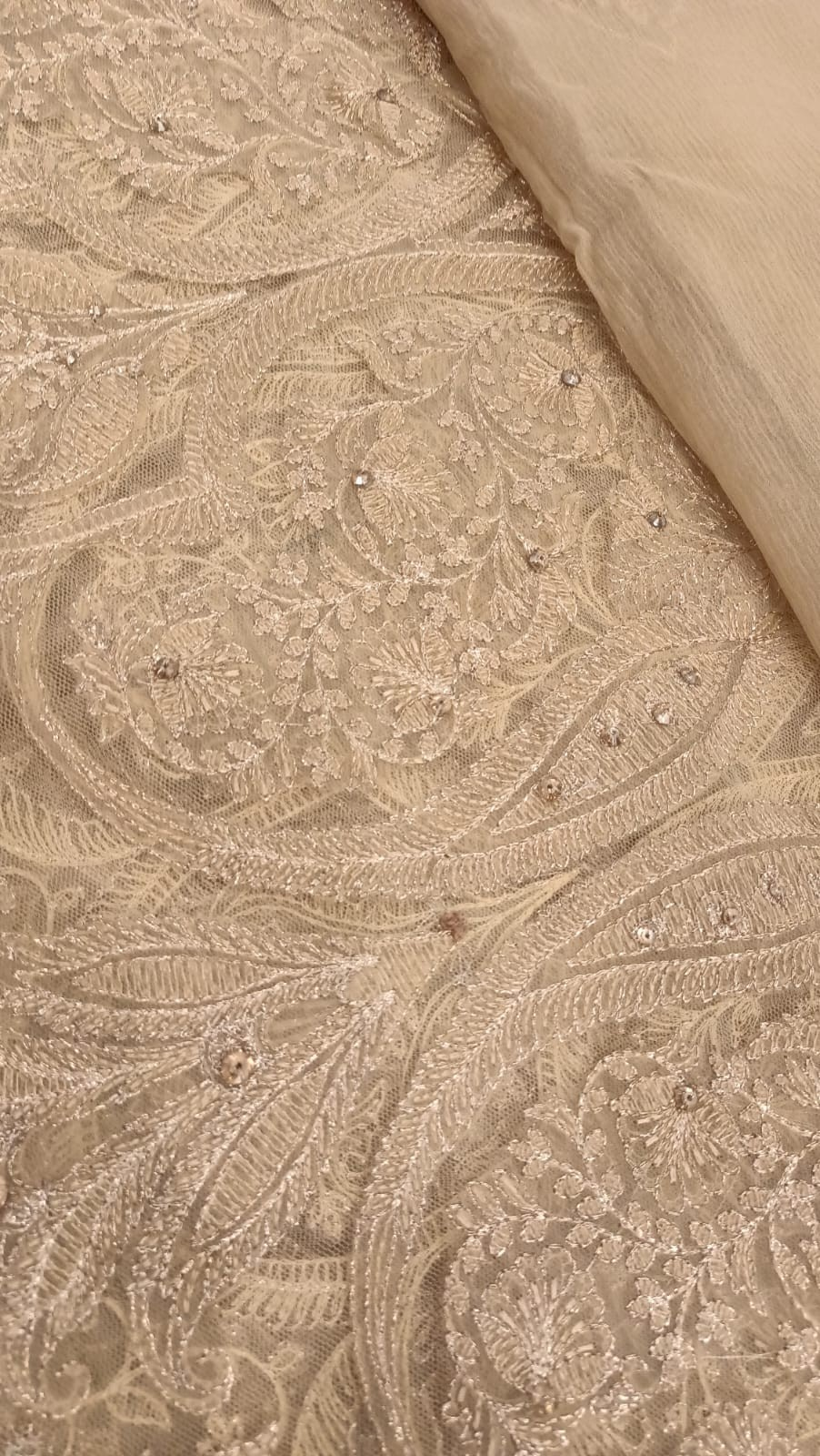 Laser Cutwork Applique Net Suit & Embroidered Chiffon Dupatta