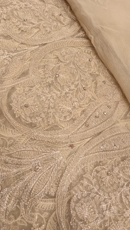 Laser Cutwork Applique Net Suit & Embroidered Chiffon Dupatta