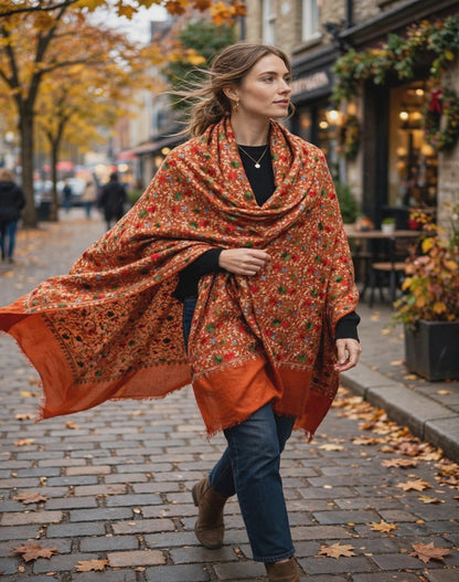 Rust Orange Pashmina Shawl with Aari Embroidery