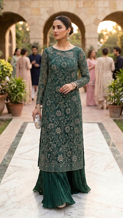 Emerald Laser-Cut Embroidered Ensemble
