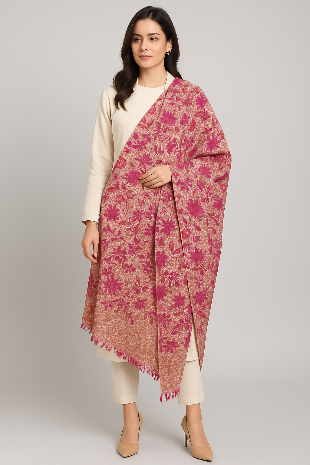 Elegant Floral Pashmina Shawl Beige & Pink Tones