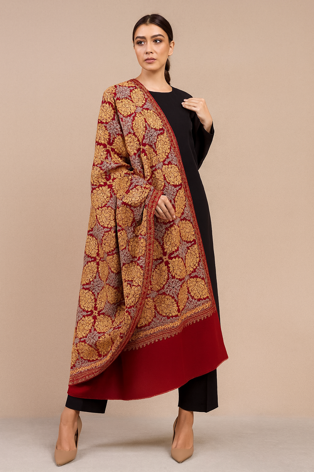 Regal Red Pashmina Shawl with Golden Aari Embroidery