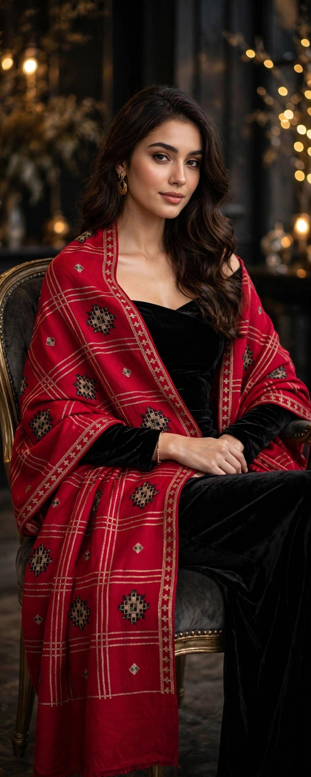 Ruby Red Embroidered Pashmina Shawl - Check Pattern with Mirror Work Motifs