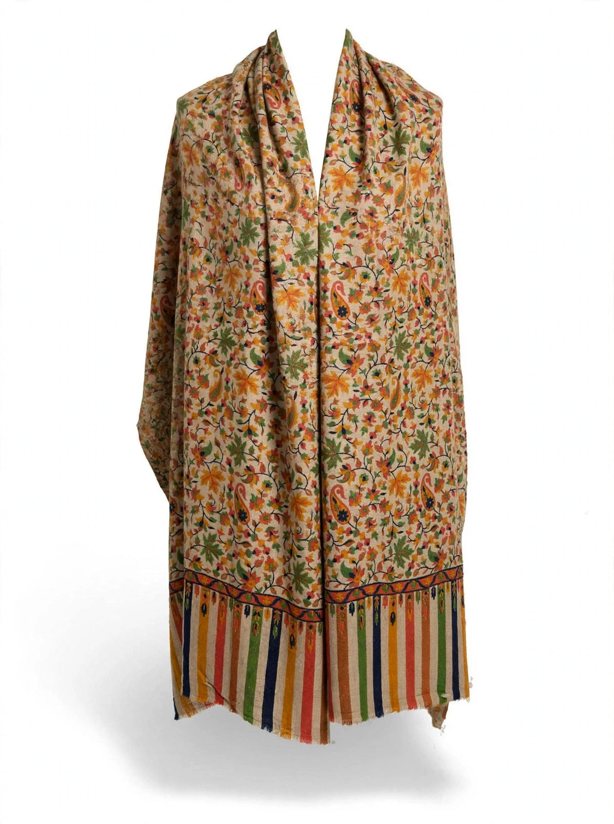Floral Printed Pashmina Shawl with Striped Border | Soft Autumn Leaf Wrap