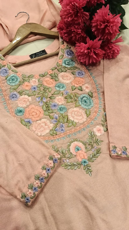 Embroidered Cotton Salwar Kameez Set | Machine Embroidery Neckline & Sleeves | Crush Cotton Dupatta
