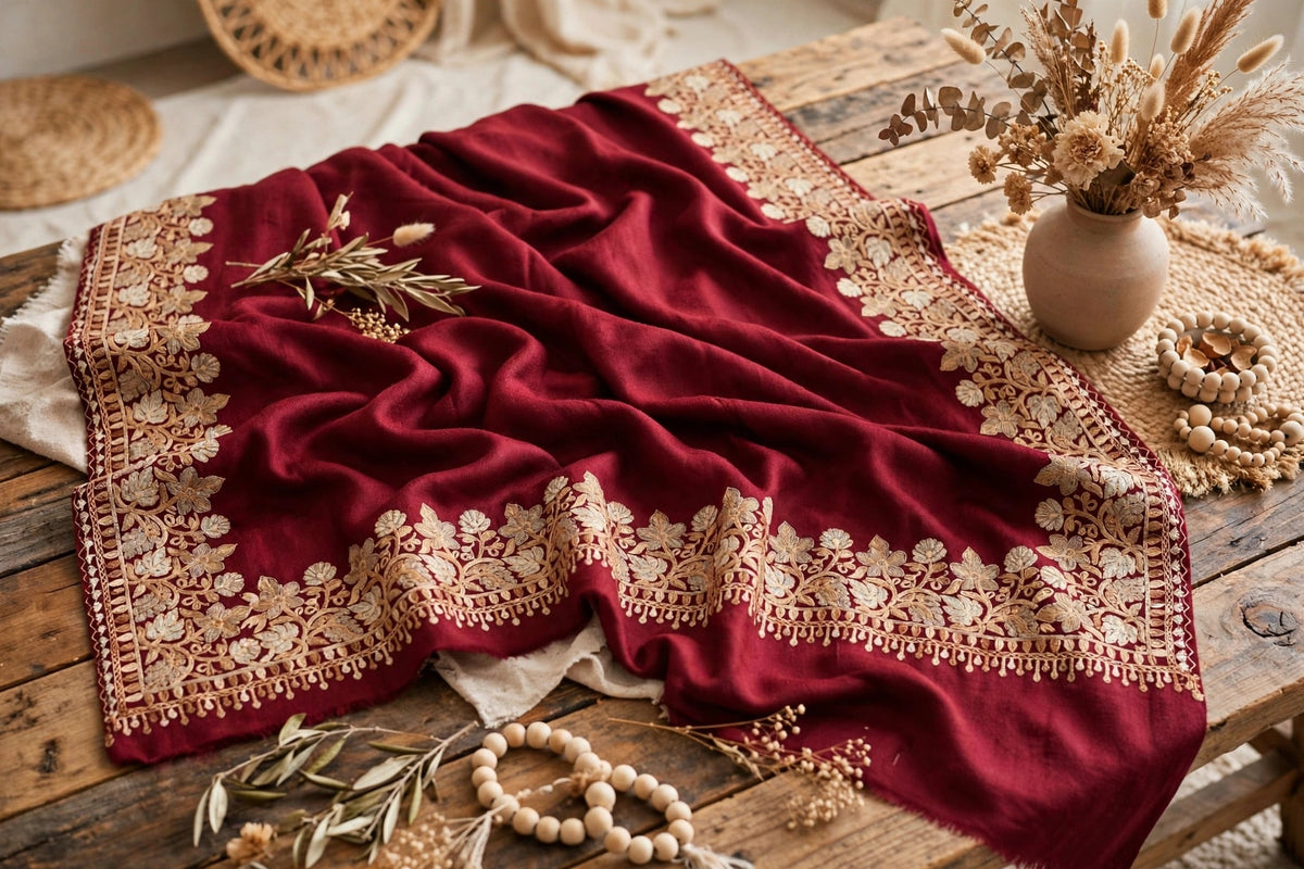 Noor - Maroon Gold Embroidered Pashmina Shawl | Kashmiri Aari Work