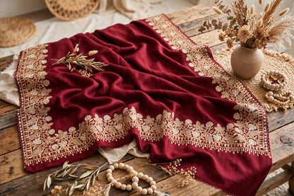 Noor - Maroon Gold Embroidered Pashmina Shawl | Kashmiri Aari Work