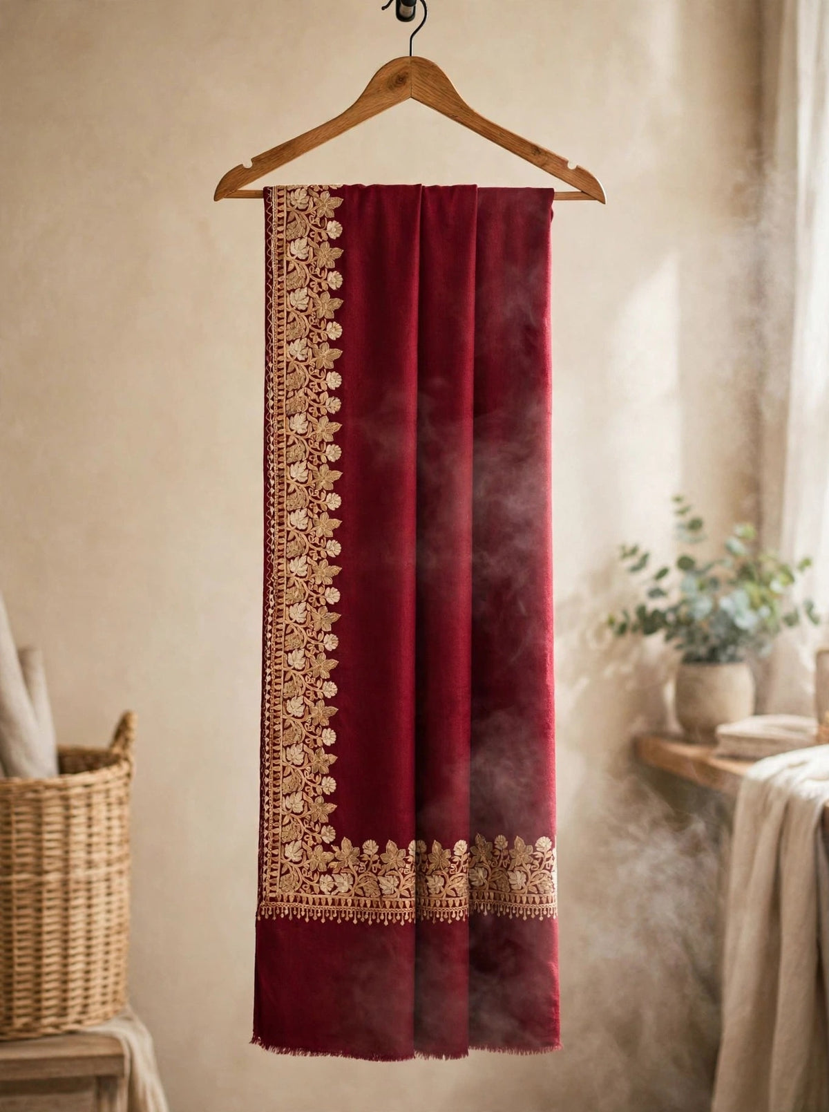 Noor - Maroon Gold Embroidered Pashmina Shawl | Kashmiri Aari Work