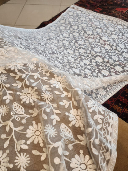 Timeless White Floral Chikankari-Style Chiffon Dupatta
