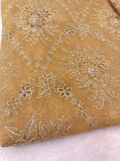 Mustard Laser-Cut Embroidered Bareeze Shirt with Chiffon Dupatta
