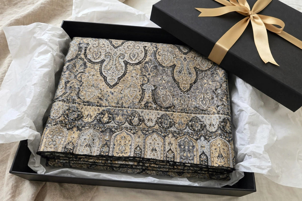 Luxury Black Gold Kani Silk Pashmina Shawl with Zari | Handmade Kashmiri Jama Shawl