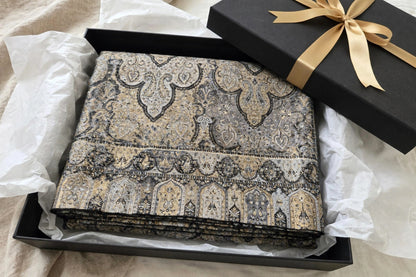 Luxury Black Gold Kani Silk Pashmina Shawl with Zari | Handmade Kashmiri Jama Shawl