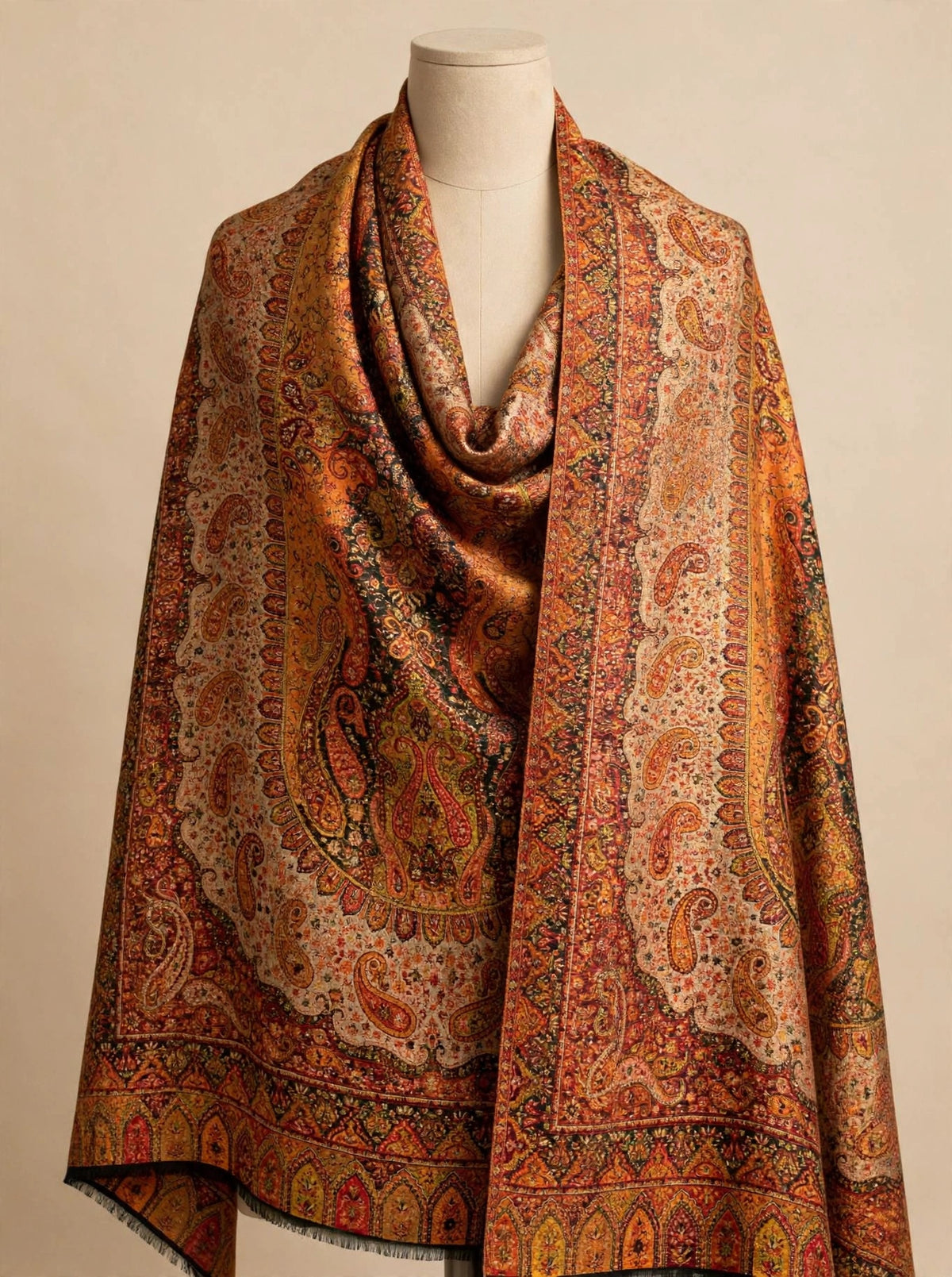 Heritage Jama Silk Zari Shawl Rust Orange & Gold Paisley Work