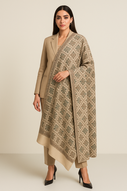 Elegant Needle Embroidery Pashmina Shawl Beige Motif