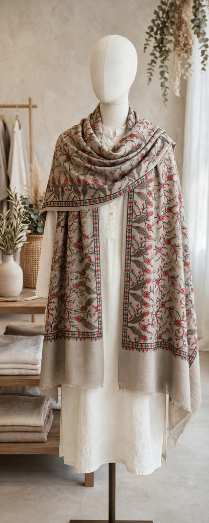 Beige Pashmina Papier Mâché Embroidered Shawl