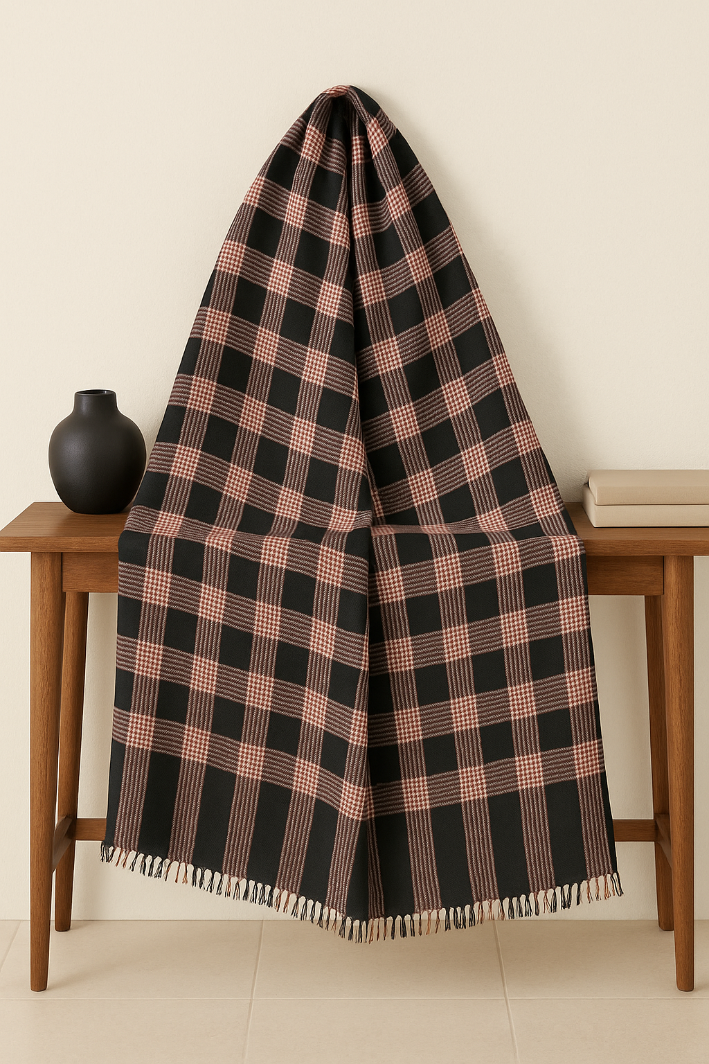 Luxury Checkered Pashmina Printed Shawl Black & Beige