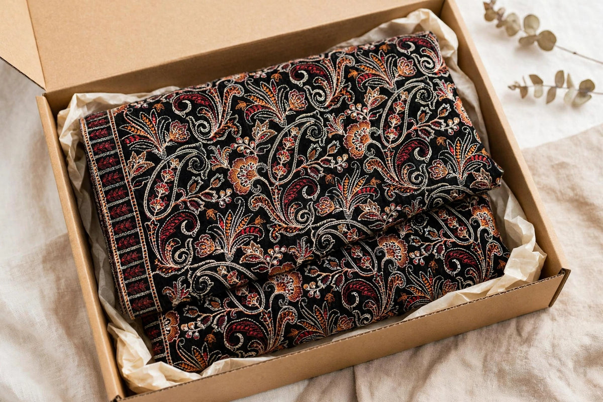 Black Luxe Embroidered Velvet Shawl Full Paisley Bareeze Work Winter Formal Shawl